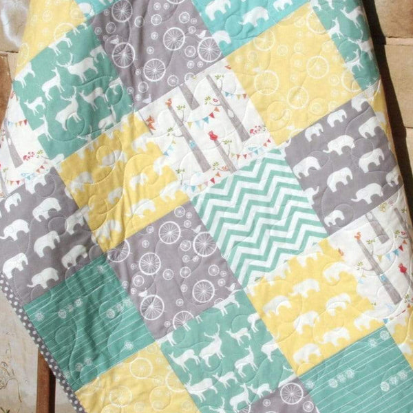 Baby Quilt Organic Gender Neutral Yellow Aqua Pool Teal Blue Grey Deer Elephant Woodland Forest Bunting Chevron Boy Girl Toddler Quilt