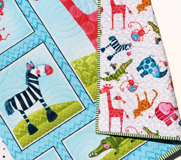 Safari Sweet Quilt - Pieced with Appliquéd Circles - Bright Zoo Animals - buying Monkeys Zebras Elephants Alligators Giraffes Lions OH MY!