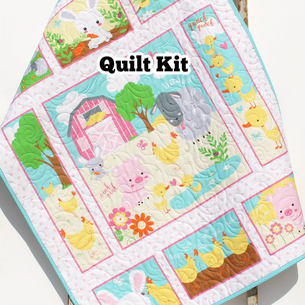 Pastel Farm Quilt Kit, Panel Quick Easy Fun, Quilting Projects, Beginner Project, Baby Nursery Bedding Cow Horse Pig Barnyard Animals Girl