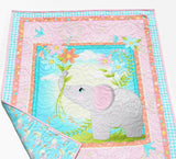 Elephant Baby Quilt Kit for Baby Girl Newborn Sewing Project Pink Aqua Blue Orange Floral Daisies Quilting Bundle of Fabrics to Sew