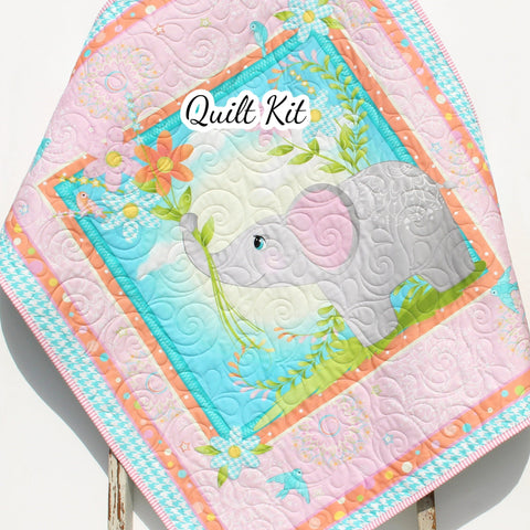 Elephant Baby Quilt Kit for Baby Girl Newborn Sewing Project Pink Aqua Blue Orange Floral Daisies Quilting Bundle of Fabrics to Sew