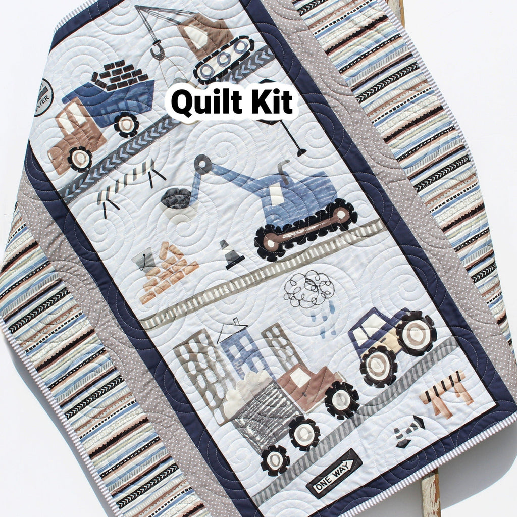 Construction Quilt Kit, Boy Baby Panel Quick Easy Fun Beginner Roadwork Ahead Sewing Project Quilting Ideas Newborn Gifts Cranes Dump Trucks