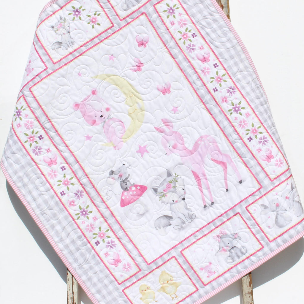 Baby Animals Quilt Newborn Blanket Bedding Personalized Monogrammed Deer Fawn Mouse Moon Fox Elephants Rabbits Chicks Daises Flowers Pink