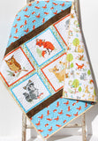 Woodland Quilt Kit, DIY Project Forest Fellows Striped Panel Pattern Modern Quilt Kit Boy Girl Fox Deer Owl Animals Brown Blue Fabric Bundle