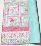 Quilt for Girl Handmade Named Baby Blanket Quilted Flowers Butterflies Newborn Baby Shower Gift Personalized with Name Pink Aqua Soft Minky