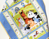 Backyard Blues Quilt Kit, Farm Panel Quick Easy Fun, Beginner Project Quilting Fabrics Baby Nursery Bedding Cow Horse Pig Animals