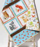 Woodland Quilt Kit, DIY Project Forest Fellows Striped Panel Pattern Modern Quilt Kit Boy Girl Fox Deer Owl Animals Brown Blue Fabric Bundle