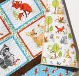 Woodland Quilt Kit, DIY Project Forest Fellows Striped Panel Pattern Modern Quilt Kit Boy Girl Fox Deer Owl Animals Brown Blue Fabric Bundle