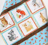 Woodland Quilt Kit, DIY Project Forest Fellows Striped Panel Pattern Modern Quilt Kit Boy Girl Fox Deer Owl Animals Brown Blue Fabric Bundle