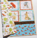 Woodland Quilt Kit, DIY Project Forest Fellows Striped Panel Pattern Modern Quilt Kit Boy Girl Fox Deer Owl Animals Brown Blue Fabric Bundle