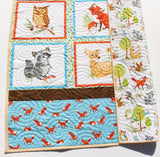 Woodland Quilt Kit, DIY Project Forest Fellows Striped Panel Pattern Modern Quilt Kit Boy Girl Fox Deer Owl Animals Brown Blue Fabric Bundle