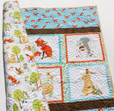 Woodland Quilt Kit, DIY Project Forest Fellows Striped Panel Pattern Modern Quilt Kit Boy Girl Fox Deer Owl Animals Brown Blue Fabric Bundle