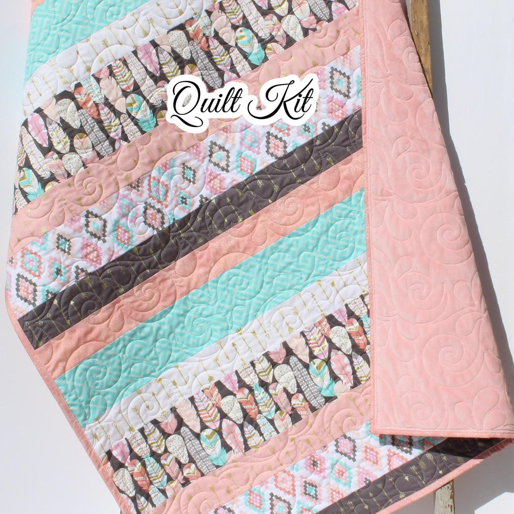 Craft Kits Baby Girl Quilt Kit DIY Fabric Bundle Set Pattern with Instructions Aztec Arrows Feathers Aqua Gold Glitz Newborn Blanket to Make