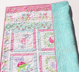 Quilt for Girl Handmade Named Baby Blanket Quilted Flowers Butterflies Newborn Baby Shower Gift Personalized with Name Pink Aqua Soft Minky