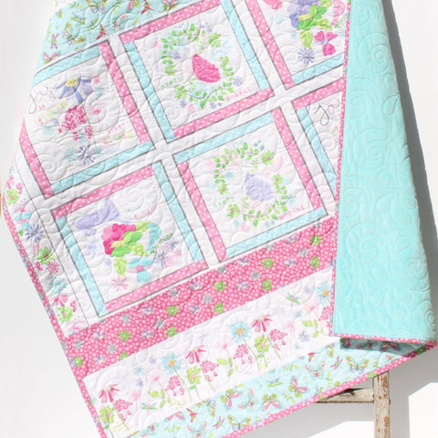 Quilt for Girl Handmade Named Baby Blanket Quilted Flowers Butterflies Newborn Baby Shower Gift Personalized with Name Pink Aqua Soft Minky