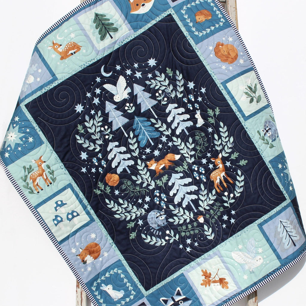 Woodland Baby Quilt Animals Navy Blue Nursery Decor Crib Bedding Personalized Blanket Baby Shower Gift with Name Birthday