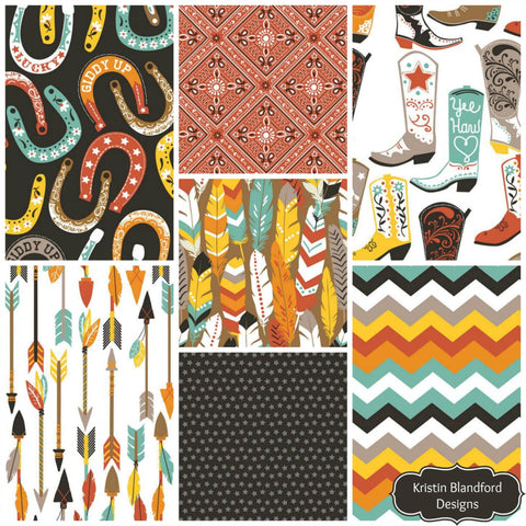 Kristin Blandford Designs Luckie Fat Quarter Bundle, Western Fabrics, Blend Maude Ashbury, Modern Country, Boots Hoseshoes Feathers Chevron Stars, Turquoise Brown